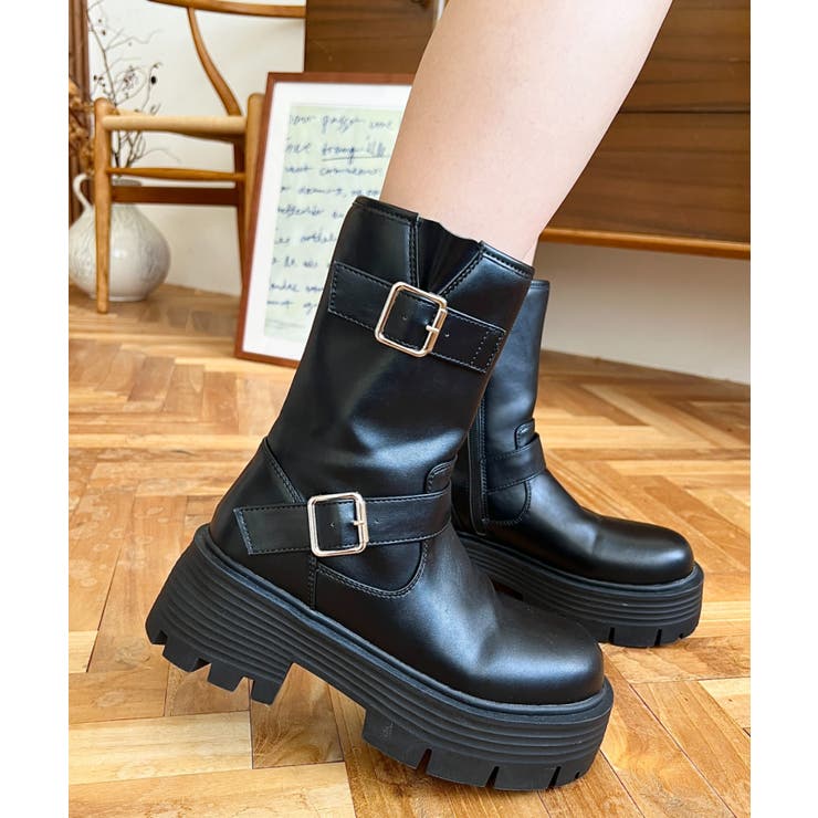 ブラック | ダブルベルトバイカーブーツ | moment+