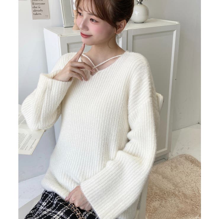 クロスネックシャギーニットプルオーバー[品番：ERMW0003980]｜moment+