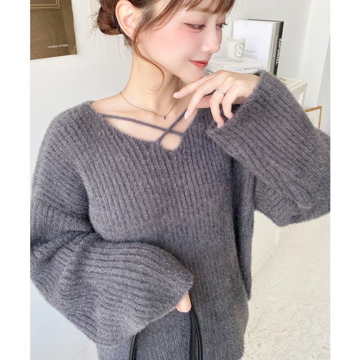 クロスネックシャギーニットプルオーバー[品番：ERMW0003980]｜moment+