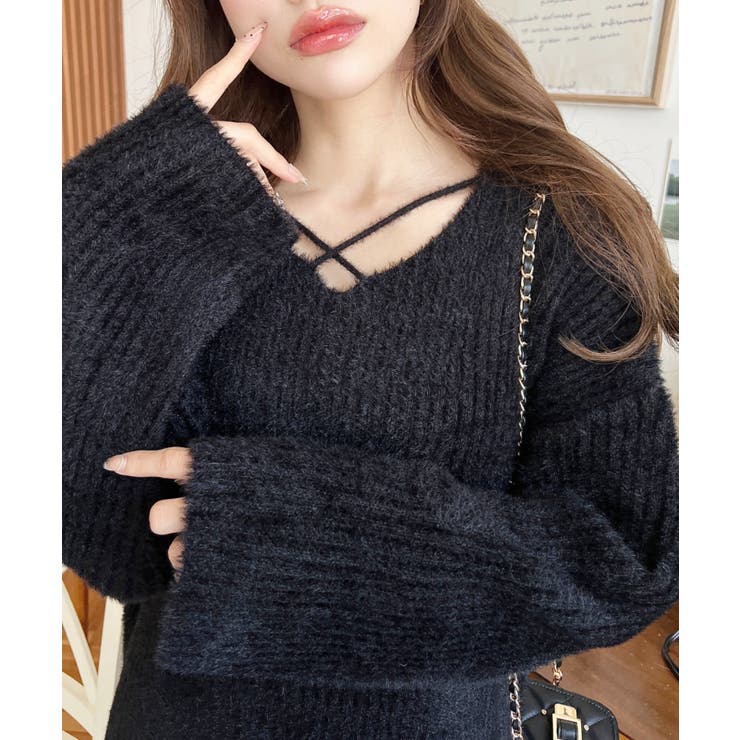 クロスネックシャギーニットプルオーバー[品番：ERMW0003980]｜moment+