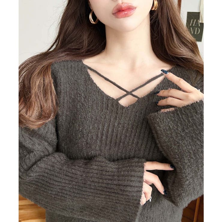 クロスネックシャギーニットプルオーバー[品番：ERMW0003980]｜moment+