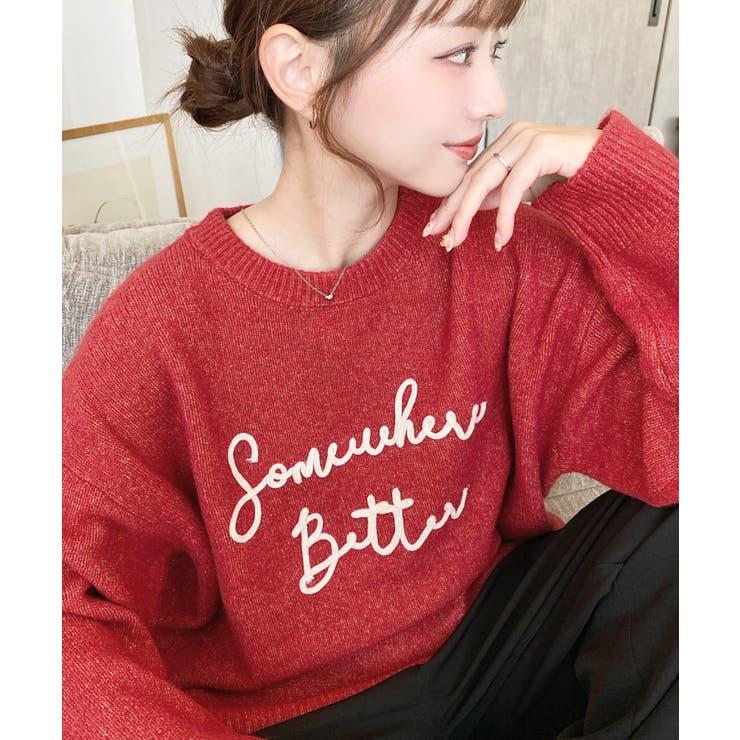 レッド | コードロゴ刺繍ニットプルオーバー6G | moment+