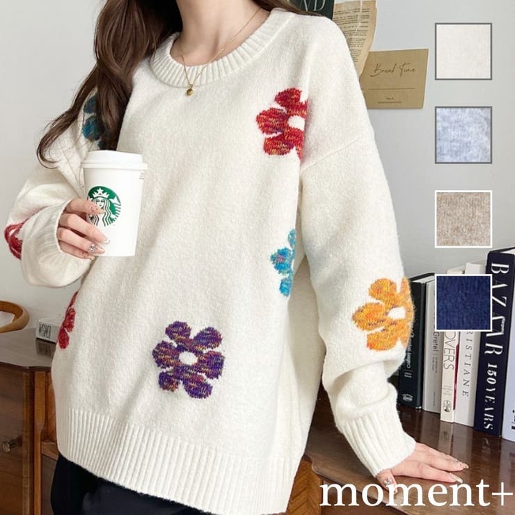 ミックスカラーフラワージャガードニットプルオーバー6G[品番