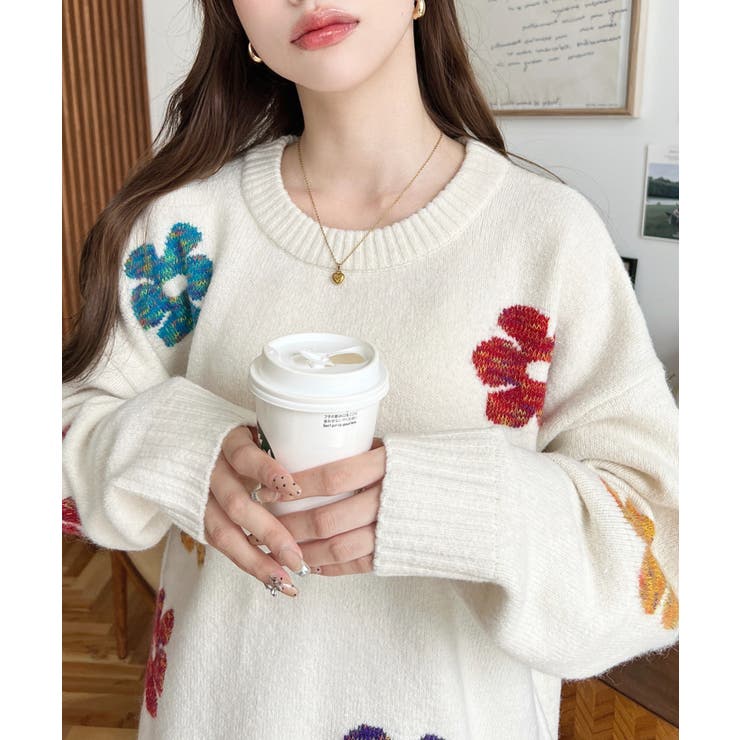 ミックスカラーフラワージャガードニットプルオーバー6G | moment+ | 詳細画像15 