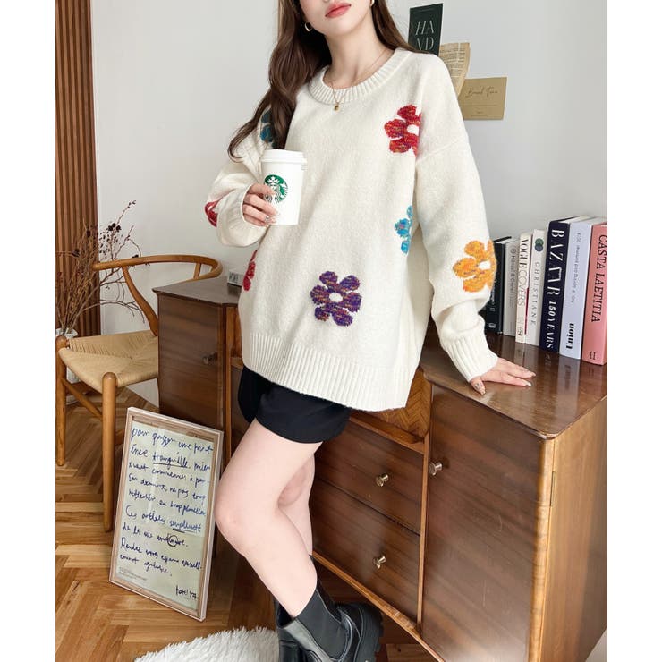 ミックスカラーフラワージャガードニットプルオーバー6G | moment+ | 詳細画像16 