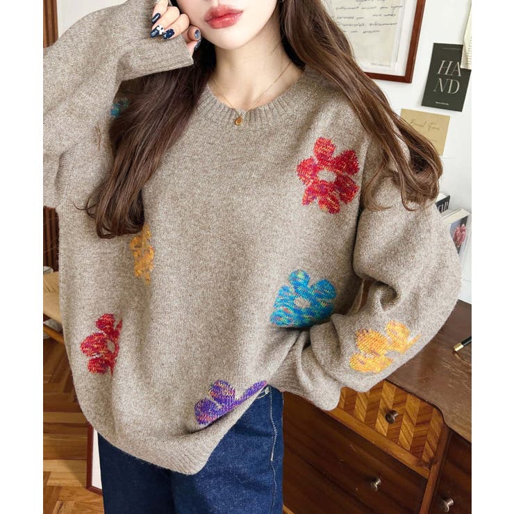 ミックスカラーフラワージャガードニットプルオーバー6G | moment+ | 詳細画像37 