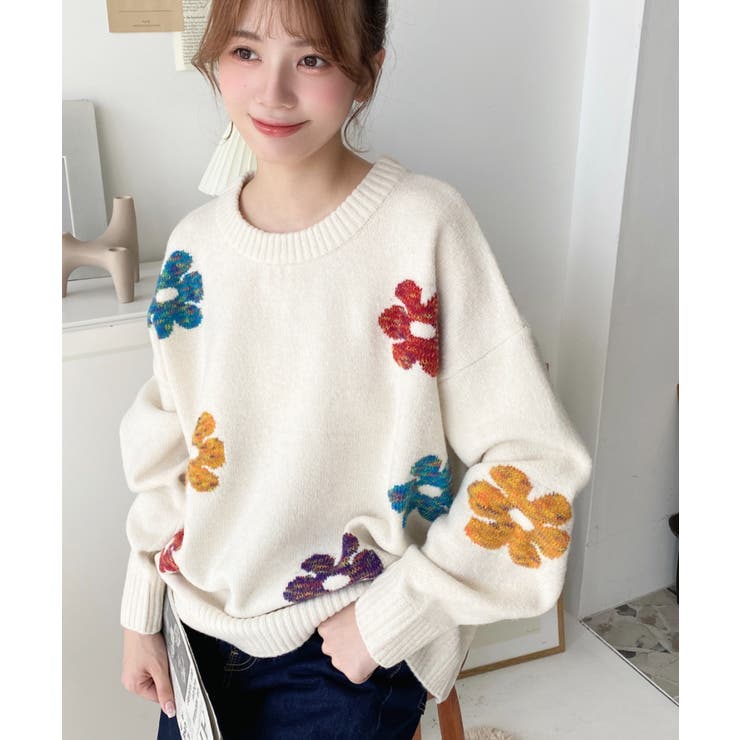 ミックスカラーフラワージャガードニットプルオーバー6G | moment+ | 詳細画像5 