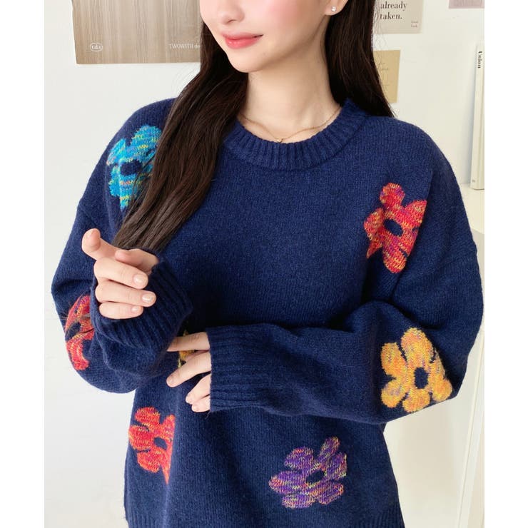 ミックスカラーフラワージャガードニットプルオーバー6G[品番