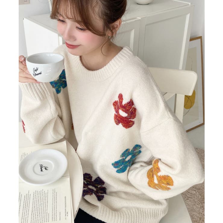 ミックスカラーフラワージャガードニットプルオーバー6G | moment+ | 詳細画像7 