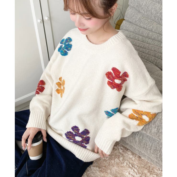 ミックスカラーフラワージャガードニットプルオーバー6G[品番