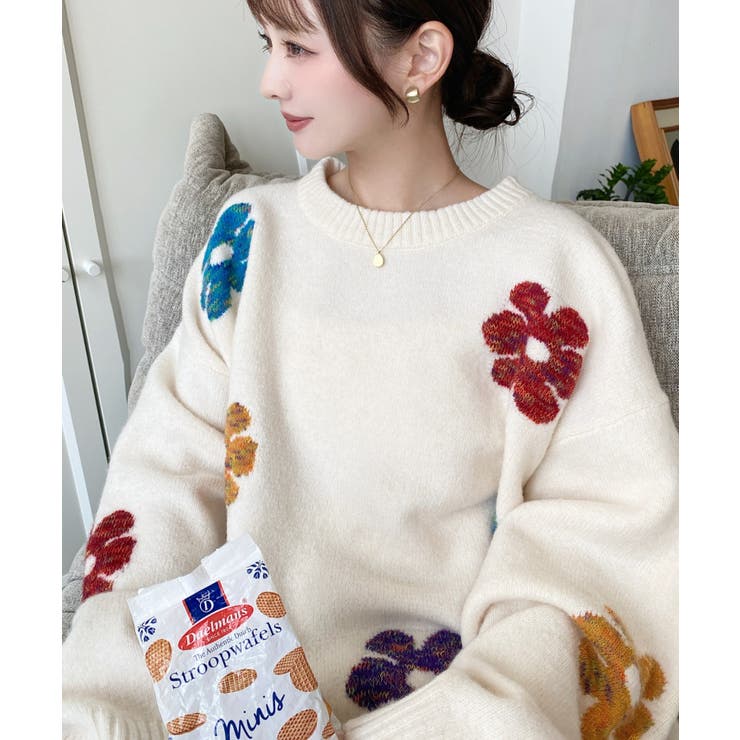 アイボリー | ミックスカラーフラワージャガードニットプルオーバー6G | moment+