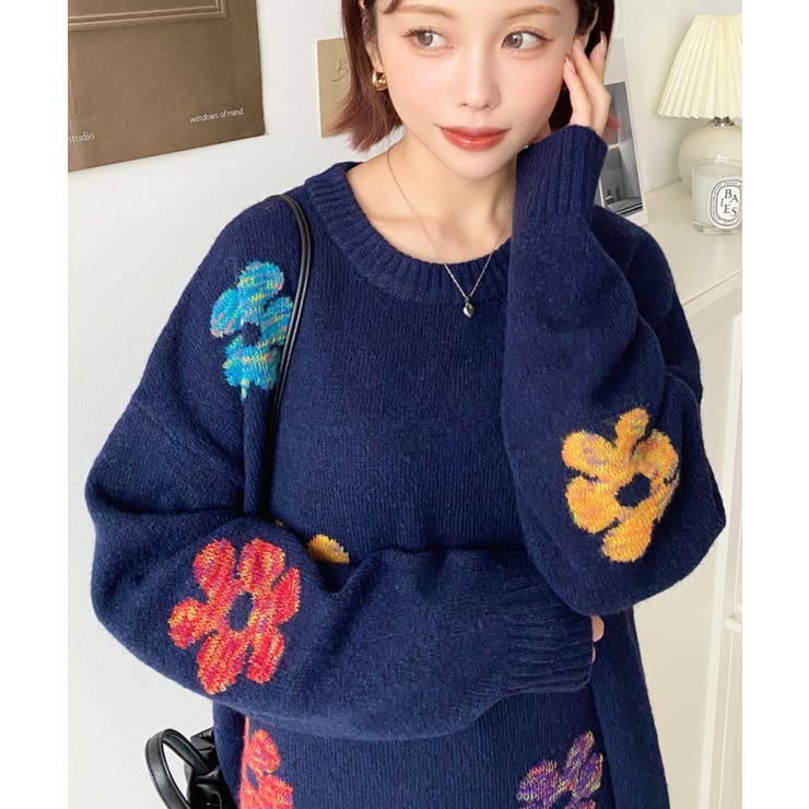 ミックスカラーフラワージャガードニットプルオーバー6G[品番