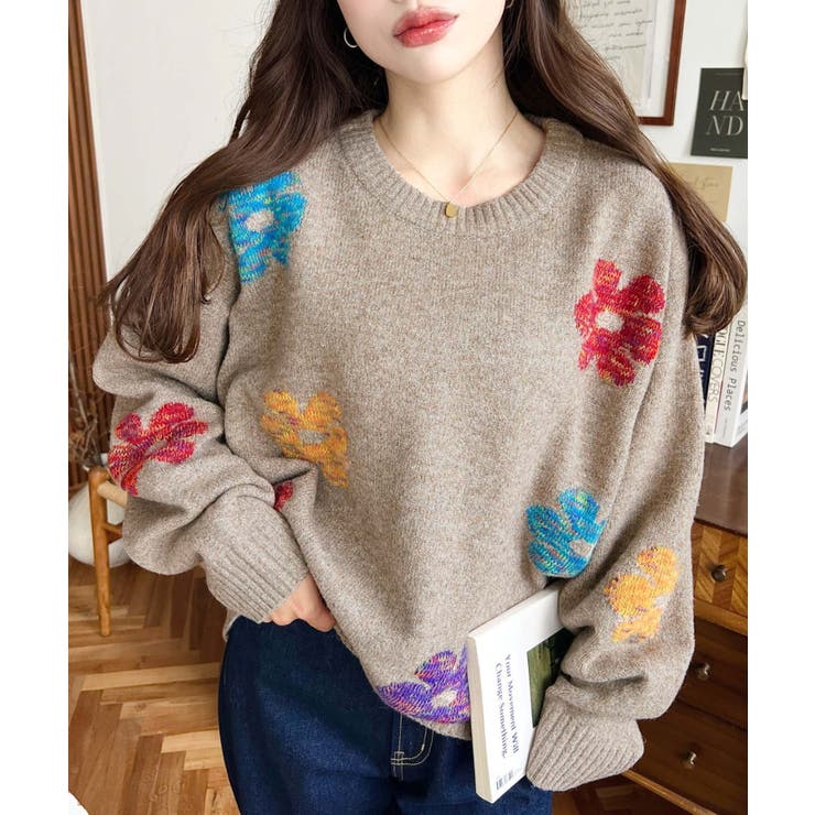 ミックスカラーフラワージャガードニットプルオーバー6G[品番