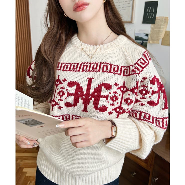 レッド | 3G ロゴチャイナ柄Wジャガードニットプルオーバー | moment+