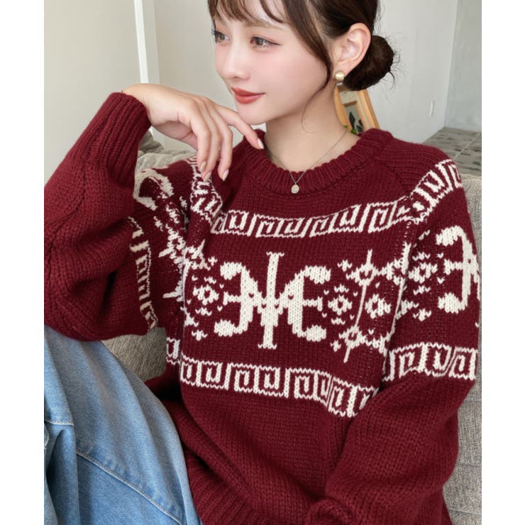 ボルドー | 3G ロゴチャイナ柄Wジャガードニットプルオーバー | moment+
