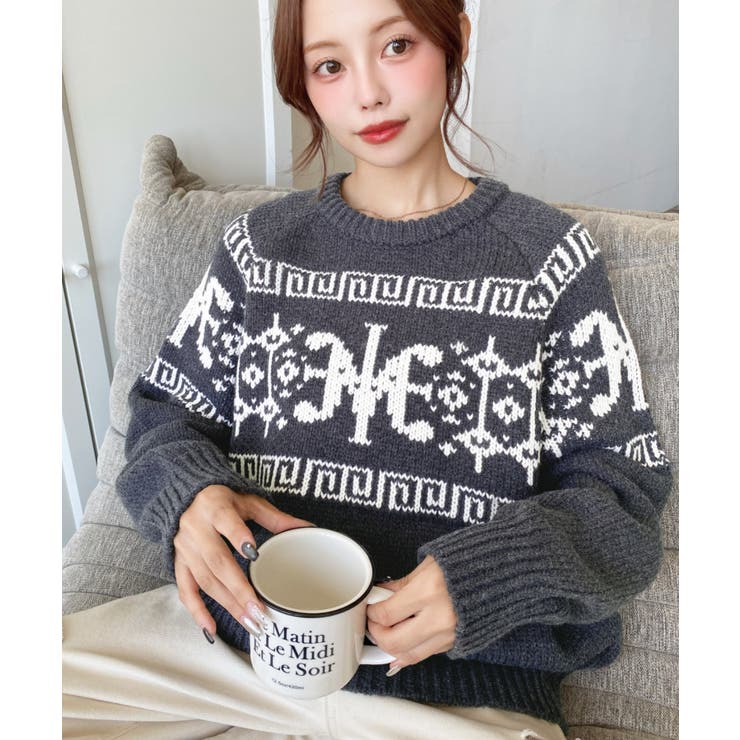 チャコールグレー | 3G ロゴチャイナ柄Wジャガードニットプルオーバー | moment+