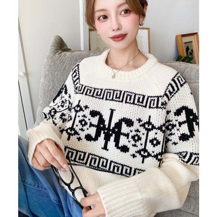 アイボリー | 3G ロゴチャイナ柄Wジャガードニットプルオーバー | moment+