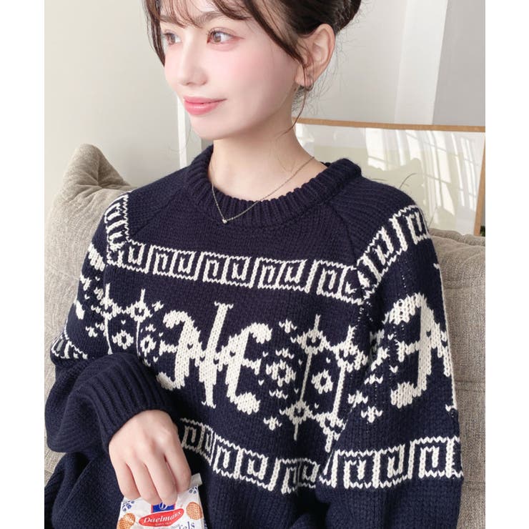 ネイビー | 3G ロゴチャイナ柄Wジャガードニットプルオーバー | moment+