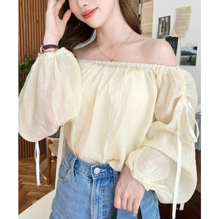 ショルダーシャーリングリボンオフショルブラウス | moment+ | 詳細画像21 