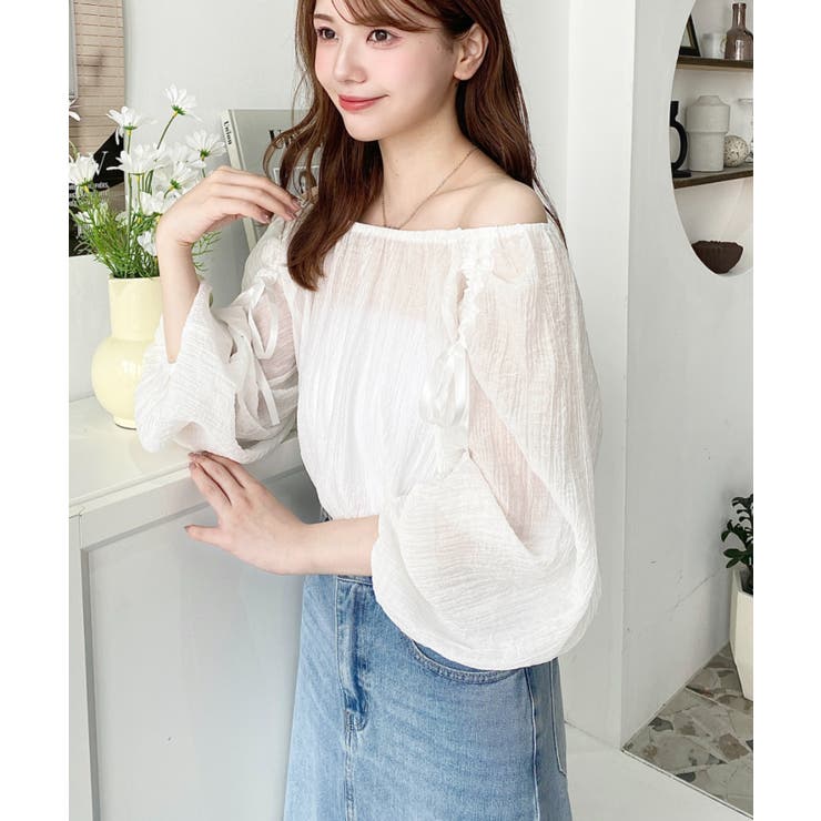 ショルダーシャーリングリボンオフショルブラウス | moment+ | 詳細画像6 