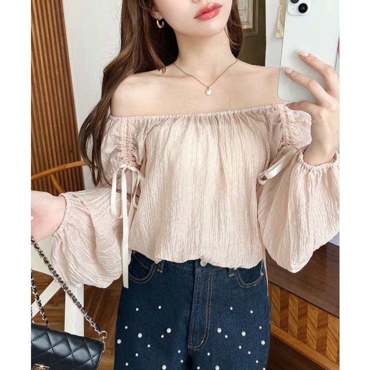 ショルダーシャーリングリボンオフショルブラウス | moment+ | 詳細画像7 