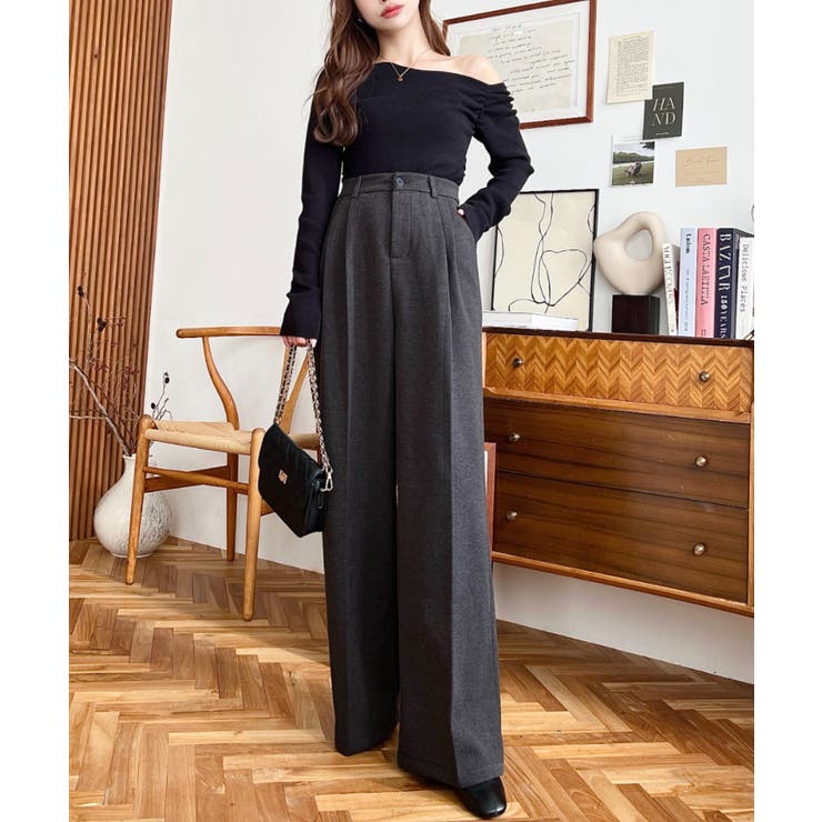 ウールライク起毛ツータックセミワイドパンツ | moment+ | 詳細画像9 