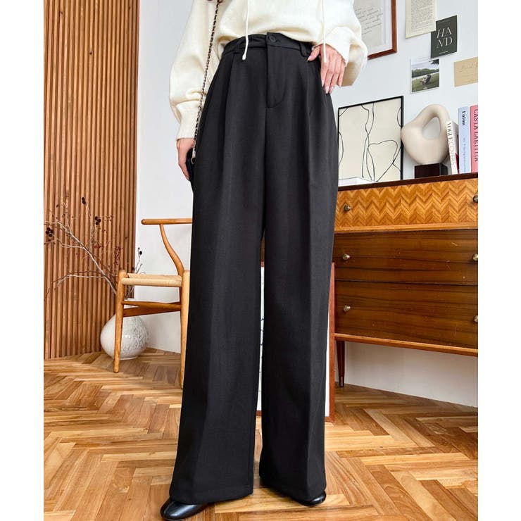 ブラック | ウールライク起毛ツータックセミワイドパンツ | moment+