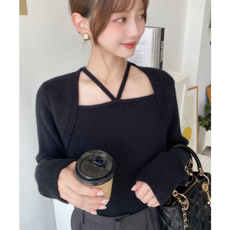 ブラック | ホルターボレロ風ニットプルオーバー | moment+