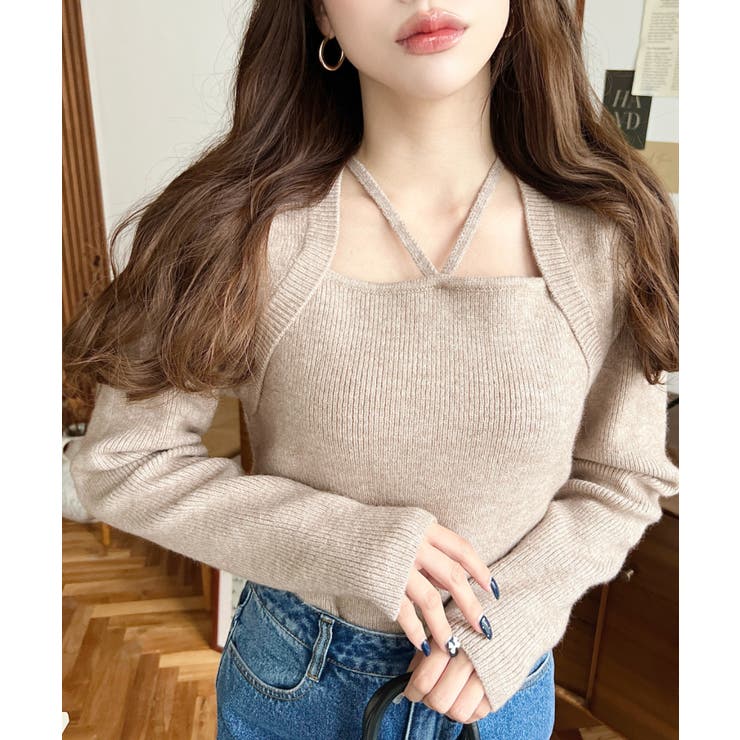 グレイッシュベージュ | ホルターボレロ風ニットプルオーバー | moment+