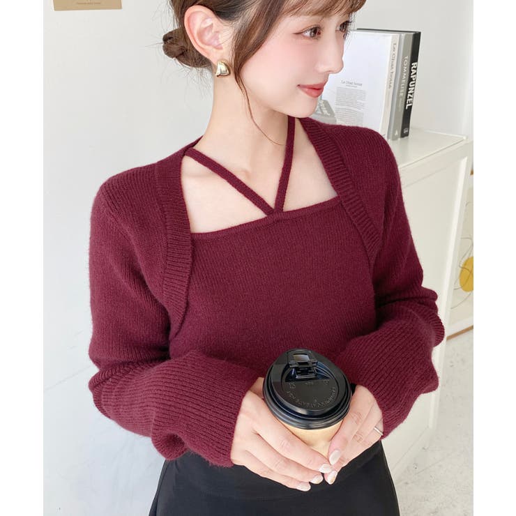 ボルドー | ホルターボレロ風ニットプルオーバー | moment+