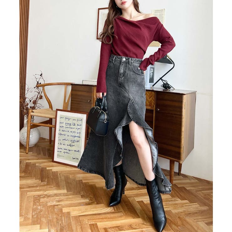 ✨美品　PINUE アシンメトリーフレアデニムスカート　ブラック　M ハーネス付きブラックデニムスカート– A AM STUDIO