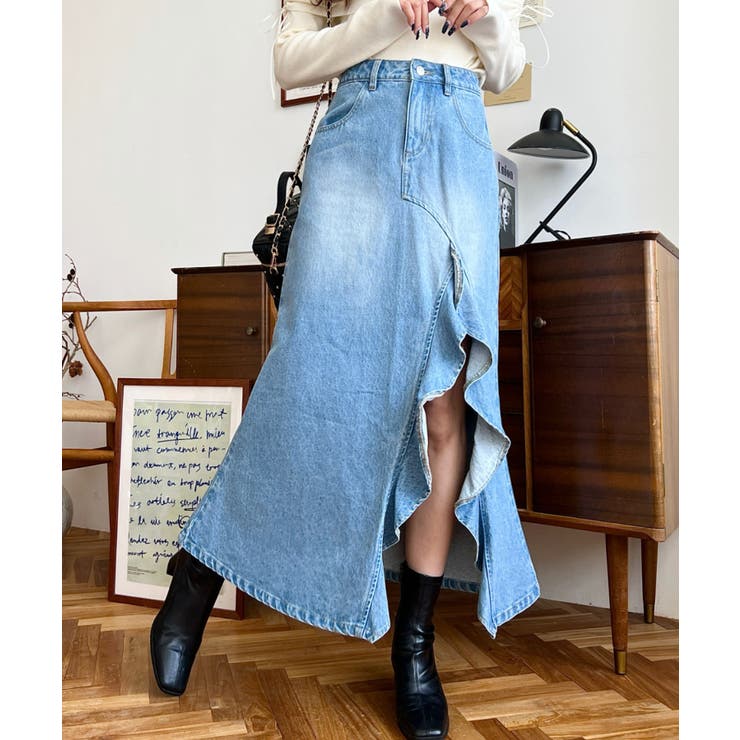 アシメフリルロングデニムスカート[品番：ERMW0003923]｜moment+