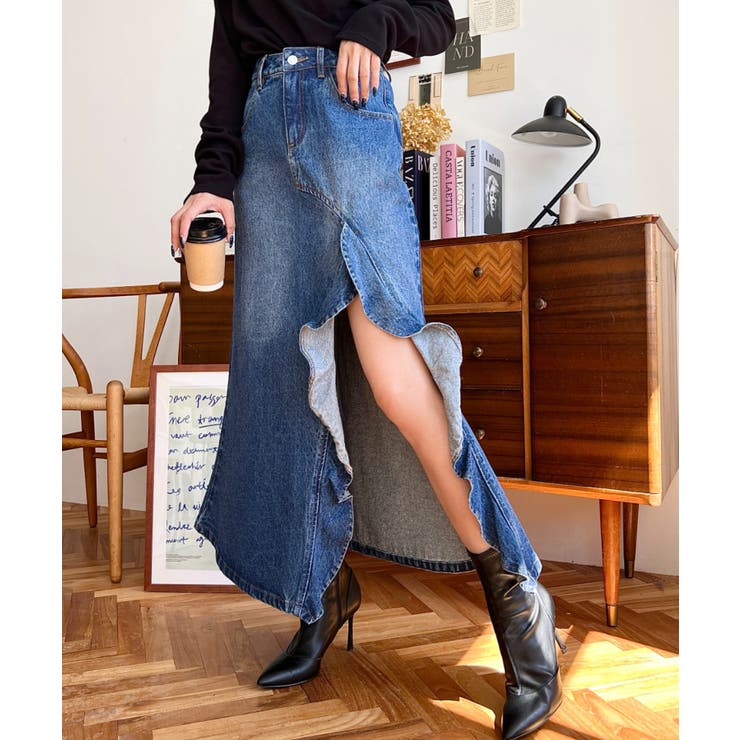 ブルー | アシメフリルロングデニムスカート | moment+