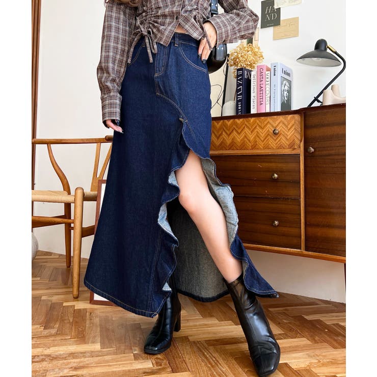 インディゴブルー | アシメフリルロングデニムスカート | moment+