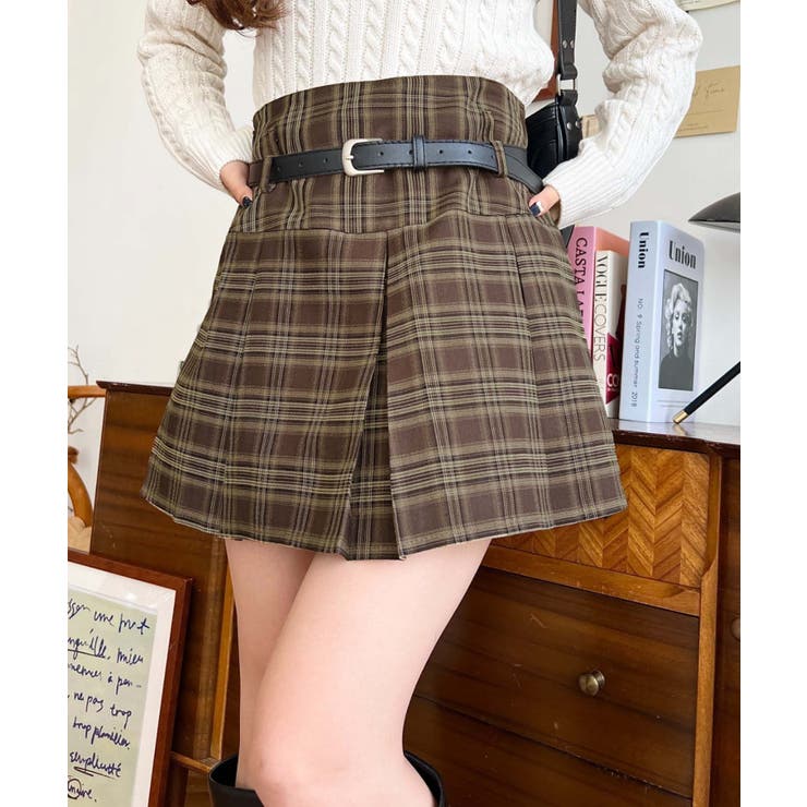 ベルト付きチェックプリーツミニスカート[品番：ERMW0004039]｜moment+