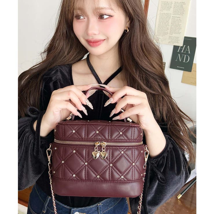 ボルドー | ハートチャームビジューキルティングバニティバッグ | moment+