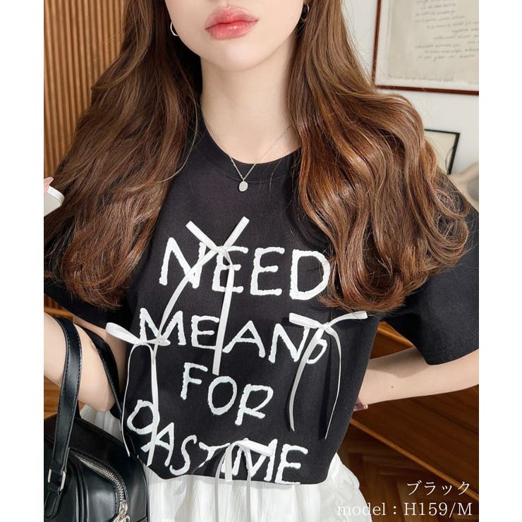 リボン付きロゴプリント半袖Tシャツ[品番：ERMW0000132]｜moment+