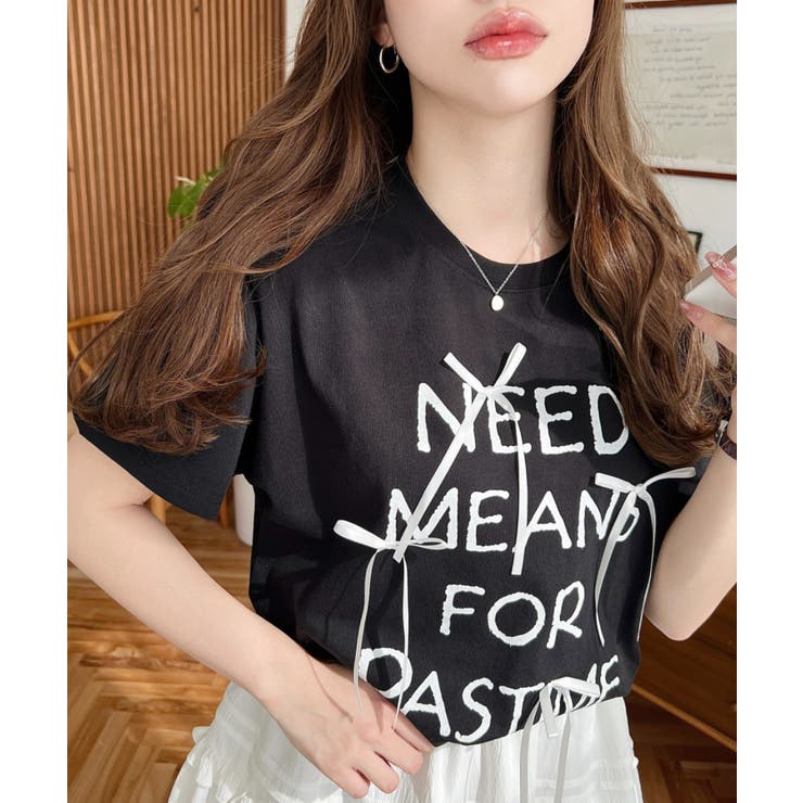 Gmbh リボン付き プリントTシャツ ホワイト リボンモチーフプリントTシャツ【Leilian WHITE