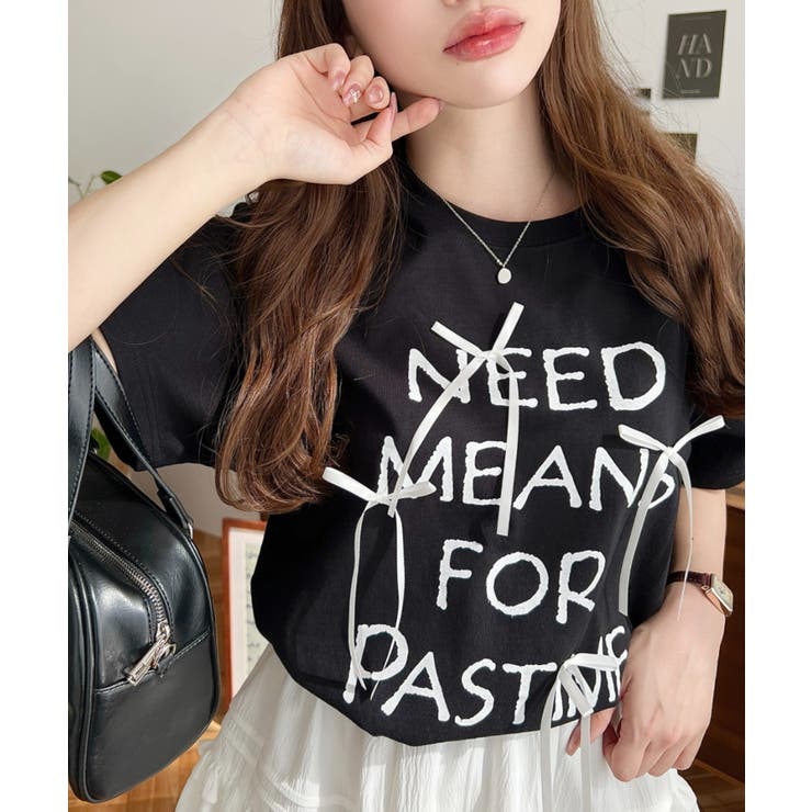 リボン付きロゴプリント半袖Tシャツ[品番：ERMW0000132