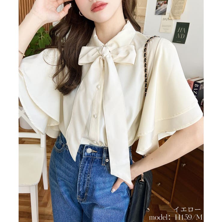 シフォンジョーゼットチューリップ袖配色パイピング半袖ブラウス | moment+ | 詳細画像6 