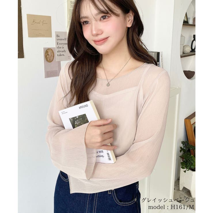 ブラウス＋キャミセット レディース シャツ インナーキャミ ボリュームスリーブ モックネック シアー シボ感 楊柳(ベージュ,  L) 楽天市場】ブラウス＋キャミセット レディース シャツ インナー