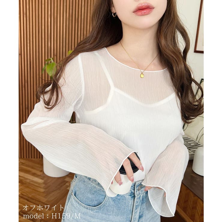 オフホワイト | インナーキャミ付き長袖メロウ楊柳シアーブラウス | moment+