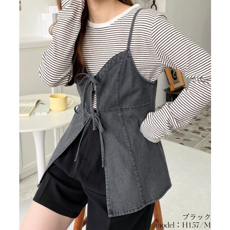 ブラック | ライトオンスデニムダブルリボンオープンキャミソール | moment+