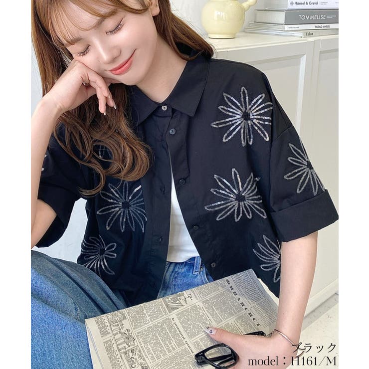 花柄スパンコール刺繍半袖ショートシャツ[品番：ERMW0000069]｜moment+