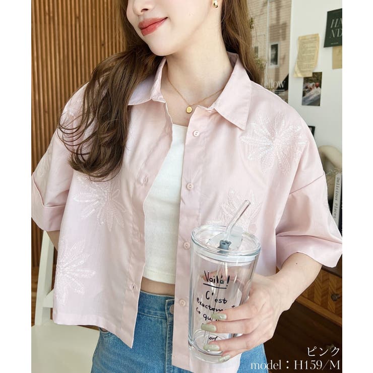 花柄スパンコール刺繍半袖ショートシャツ[品番：ERMW0000069]｜moment+