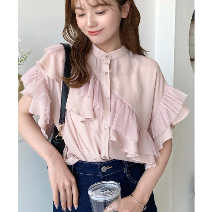 シフォンジョーゼット&チュールダブルフリル半袖ブラウス | moment+ | 詳細画像12 