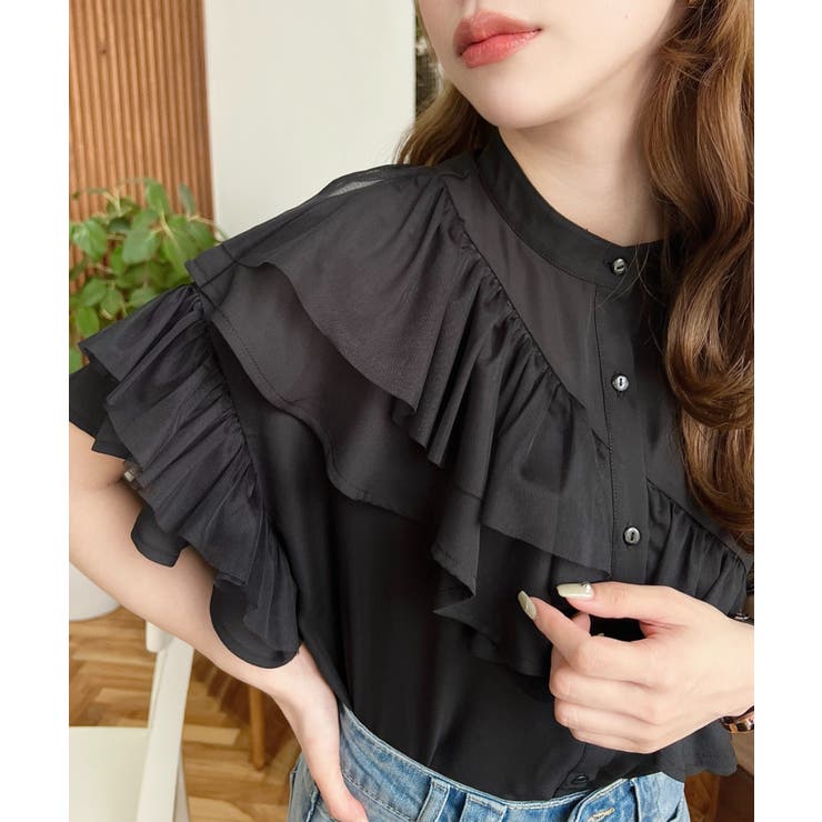 シフォンジョーゼット&チュールダブルフリル半袖ブラウス | moment+ | 詳細画像18 