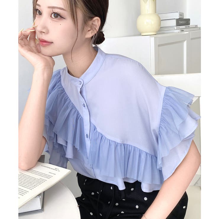 シフォンジョーゼット&チュールダブルフリル半袖ブラウス | moment+ | 詳細画像14 