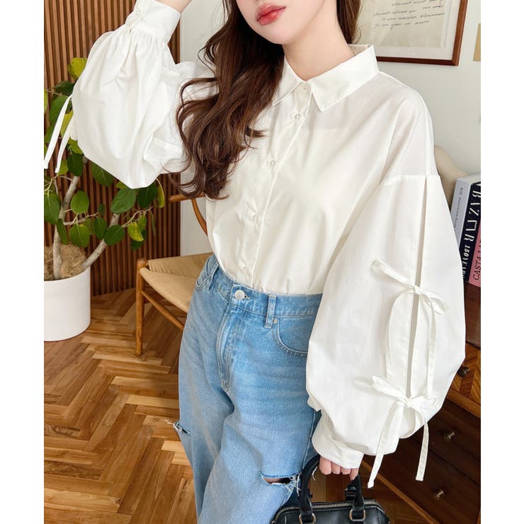 オフホワイト | タックスリーブダブルリボンブラウス | moment+