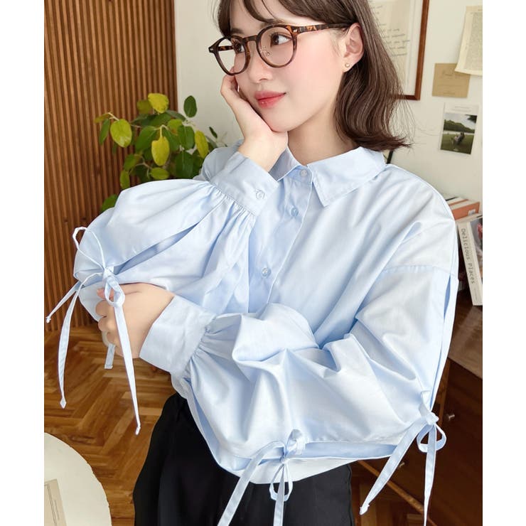 サックスブルー | タックスリーブダブルリボンブラウス | moment+